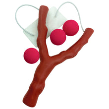 Load image into Gallery viewer, The brown plastic catapult is seen with three red foam balls.  The catapult is made to look like wood with irregular edges.
