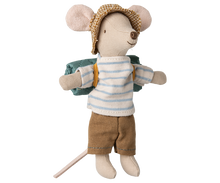 Load image into Gallery viewer, This hiker mouse wears a blue and white stripey top, brown shorts, brown checked hat and a dark blue rolled up mat on his back
