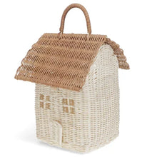 Load image into Gallery viewer, A house-shaped woven basket bag with a brown wicker roof and handle, and a cream wicker body, set against a plain white background.