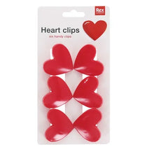 Load image into Gallery viewer, Pack of six red heart-shaped handy clips in a white blister pack with a clear front, labeled 'Heart clips' and featuring the Rex brand logo.