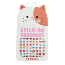 Load image into Gallery viewer, A package of 40 pairs of colourful cartoon stick-on earrings on a white cat-shaped package with a pink and orange cat face illustration.