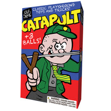 Load image into Gallery viewer, Packaging for the catapult, which has a bash street comic like illustration of a schoolboy shooting the catapult.
