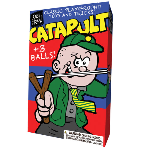 Packaging for the catapult, which has a bash street comic like illustration of a schoolboy shooting the catapult.