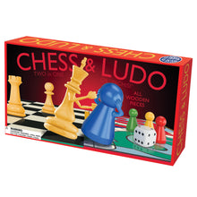 Load image into Gallery viewer, The box for this chess and ludo set is decorated with a close up illustration of the chess pueces on the board.  Two pieces look as if battling in the dentre
