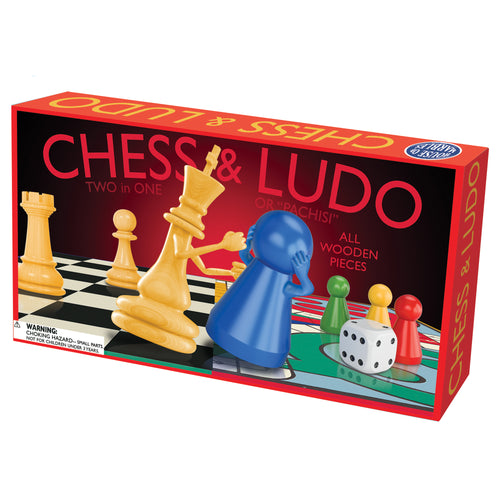 The box for this chess and ludo set is decorated with a close up illustration of the chess pueces on the board.  Two pieces look as if battling in the dentre