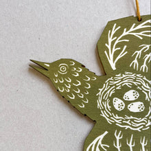 Load image into Gallery viewer, Folded Forest Screenprinted Wooden Decoration - Woodland Bird - Olive Green