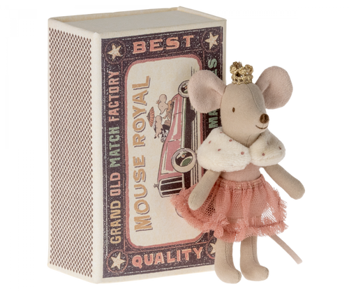 theprincess mouse can be seen standing by her matchbox bed.  She is wearing a soft pink frilled tutu skirt and has a faux ermine fur shawl around her shoulders.  She has a small fixed gold crown.  The box looks like an old fashioned matchbox with the wording 
