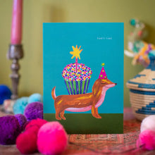Load image into Gallery viewer, Sausage Dog And Cake Hat -  Birthday Card by Hutch Cassidy