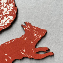 Load image into Gallery viewer, Folded Forest Screenprinted Wooden Decoration - Squirrel - Rusty Red