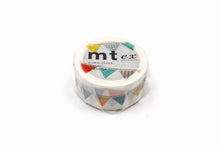 Load image into Gallery viewer, Roll of mt masking tape with colorful geometric pattern of bunting flags on a white background