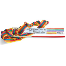 Load image into Gallery viewer, Theveand has a rigid red plastic wand which is attached t a long rainbow striped ribbon
