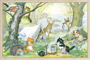 Wooden Postcard - Kitten Campsite