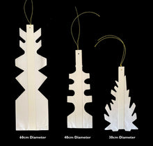 Load image into Gallery viewer, Three white decorative hanging ornaments with different shapes and sizes shown on a black background, labeled 60cm Diameter, 40cm Diameter, and 30cm Diameter.