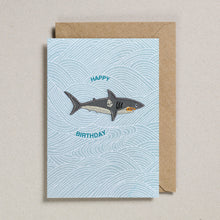 Load image into Gallery viewer, Blue wave printed card with grey embroidered shark patch 
