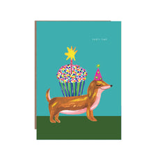 Load image into Gallery viewer, Sausage Dog And Cake Hat -  Birthday Card by Hutch Cassidy