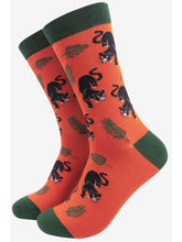 Load image into Gallery viewer, Orange sock with black panther on repeat print 
