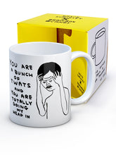 Load image into Gallery viewer, David Shrigley Boxed Mug - Bunch of Twats | £10.00. White ceramic mug with David Shrigley line drawing. The perfect gift for fans of humorous, quirky illustration.