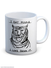 Load image into Gallery viewer, David Shrigley Boxed Mug - I Eat People | £10.00. White ceramic mug with David Shrigley line drawing of a tiger with the words "I eat people, I like doing it". The perfect gift for fans of humorous, quirky illustration.