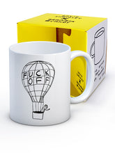 Load image into Gallery viewer, David Shrigley Boxed Mug - FUCK OFF Balloon | £10.00. White ceramic mug with David Shrigley line drawing of a person waving from a hot air balloon which is emblazoned with the words FUCK OFF. The perfect gift for fans of humorous, quirky illustration.