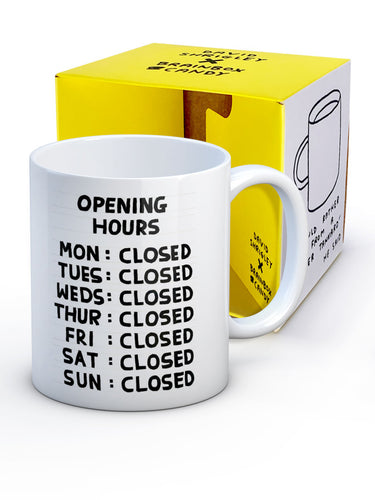 David Shrigley Boxed Mug – Opening Hours | £10.00. White ceramic mug with David Shrigley drawing depicting opening hours of a company. Every day of the week is closed. The perfect gift for fans of humorous, quirky illustration, or for those who work in a shop, or in hospitality. 