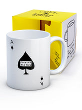 Load image into Gallery viewer, David Shrigley Boxed Mug - Fucking Ace | £10.00. White ceramic mug with Artwork by David Shrigley. The design is that of a simple Ace of Spades playing card. Inside the central black leaf is the wording "FUCKING ACE MUG".. The illustrated gift box in yellow and white is seen in the background.