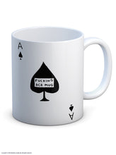 Load image into Gallery viewer, David Shrigley Boxed Mug - Fucking Ace | £10.00. White ceramic mug with Artwork by David Shrigley. The design is that of a simple Ace of Spades playing card. Inside the central black leaf is the wording "FUCKING ACE MUG".. The illustrated gift box in yellow and white is seen in the background.