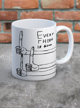 Load image into Gallery viewer, David Shrigley Boxed mug - Everything is Good | £10.00. White ceramic mug with David Shrigley line drawing of thumbs up with the words &quot;Everything is good&quot;. The perfect gift for fans of humorous, quirky illustration.
