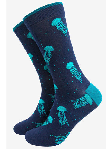 Dark blue sock with turquoise jellyfish all over print 