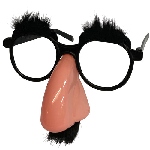 Classic disguise plastic glasses with hairy eyebrows, plastic nose and small moustache attached.
