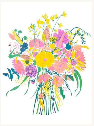 Print of a bouquet of wildflowers in pinks and yellows 