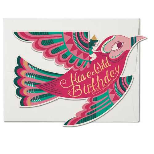 Featuring a die cut exotic bird with gold lettering that reads 