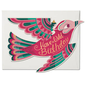 Featuring a die cut exotic bird with gold lettering that reads "Have a Wild Birthday" in gold lettering.  Illustrated by Melissa Castrillon for Red Cap Cards, USA.