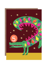 Load image into Gallery viewer, This brightly coloured 5th birthday card features a multi coloured crocodile balancing on his front feet with a ball with the number 5 on his nose
