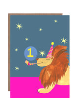 Load image into Gallery viewer, Beautiful age card for 1st birthday, featuring a happy looking lion in a party hat blowing a party blower, with characteristic bright colouring of Hutch Cassidy’s designs.  
