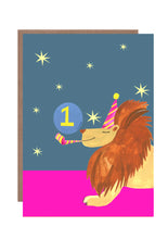Load image into Gallery viewer, Beautiful age card for 1st birthday, featuring a happy looking lion in a party hat blowing a party blower, with characteristic bright colouring of Hutch Cassidy’s designs.