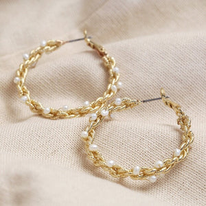 Large Twisted Gold Pearl Hoop Earrings by Lisa Angel