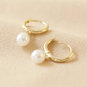 Glass Pearl Huggie Hoop Gold Earrings by Lisa Angel