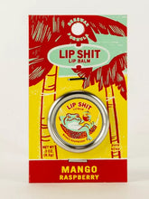 Load image into Gallery viewer, Mango & Raspberry Lip S**t by Blue Q | £7.50. All natural, vitamin E fortified lip balm. The lip balm is contained within a round metal tin with a sticker on the front depicting a frog relaxing in a hammock.