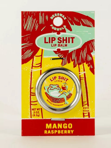 Mango & Raspberry Lip S**t by Blue Q | £7.50. All natural, vitamin E fortified lip balm. The lip balm is contained within a round metal tin with a sticker on the front depicting a frog relaxing in a hammock.