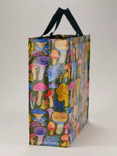 Load image into Gallery viewer, Mushrooms Shopper Bage by Blue Q| £11.95. Colourful shopper bag by Blue Q, with a green background with lots of different colourful species of mushroom covering it.