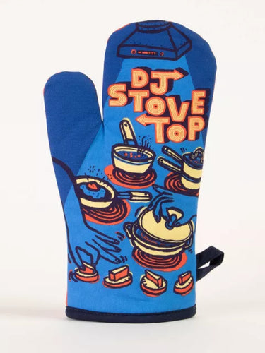  DJ Stove Top Oven Mitt by Blue Q |Blue on one side with an illustration of a busy stove top with many pans cooking and the text DJ STOVE TOP in classic 1970s Disco font.  The reverse is red with lots more pans on it.  It has a black trim and hanging tag.