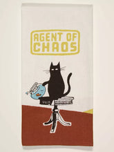 Load image into Gallery viewer, Agent of Chaos Tea Towel by Blue Q | Artist Tim Gough | Perfect gift for cat lovers | Features a black cat knocking over a fish bowl

