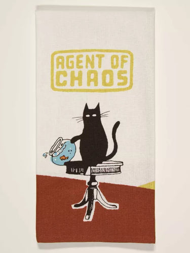 Agent of Chaos Tea Towel by Blue Q | Artist Tim Gough | Perfect gift for cat lovers | Features a black cat knocking over a fish bowl