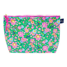 Load image into Gallery viewer, Matte PVC wash bag in Liberty print Betsy Meadow. Bright green background with pink and blue flowers.