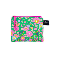 Load image into Gallery viewer, Small fabric purse in Liberty print Betsy Meadow. Bright green background with pink and blue flowers.
