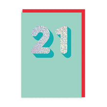 Load image into Gallery viewer, Bright mint coloured card with large gliterry numbers 21 with turquoise shadwing.
