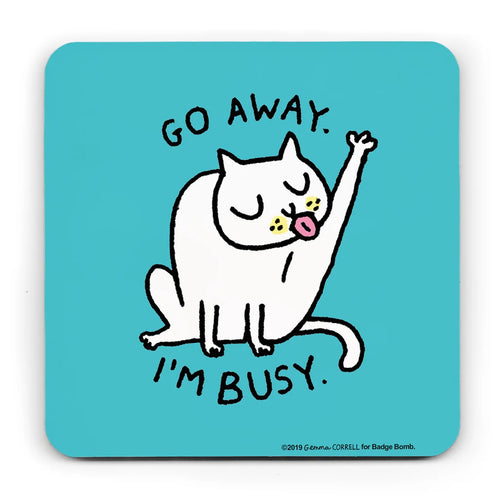 square background with turquoise background.  Gemma Correll's illustration of a cat washing itself.  The words 