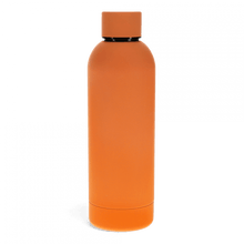 Load image into Gallery viewer, Plain orange rubber coated water bottle with flat top screw lid