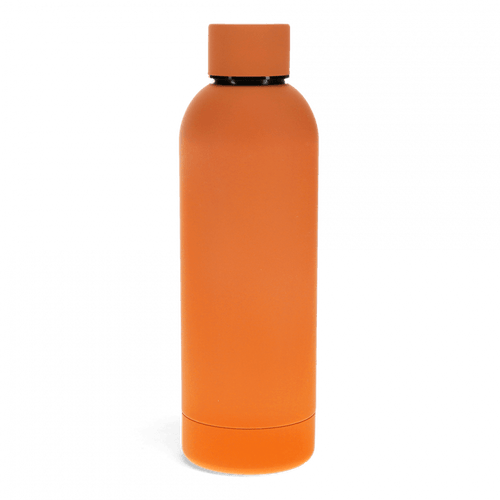 Plain orange rubber coated water bottle with flat top screw lid