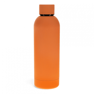 Plain orange rubber coated water bottle with flat top screw lid